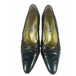 Pancaldi Black & Brown Crocodile Leather Size 6.5 Block Cap Toe Vintage Pumps